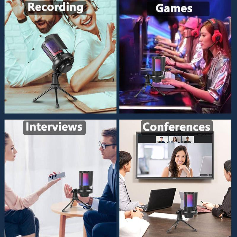 USB Microphone, USB Gaming Microphone with Anti-Vibration Shock Mount, Multipurpose Microphones with RGB Light & Pop Filter, Plug & Play Noise Cancellation Condenser Mic with Monitoring & Mute & Touch Control for Streaming & Podcasting