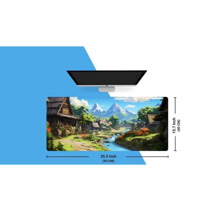 MOUNTAIN VILLAGE - GHIBLI STYLE DESKMAT - - Aesthetic Nature Mousepad for Pc Gaming and Desk Setup - Home Office Accessories - Green and Blue Nautrals