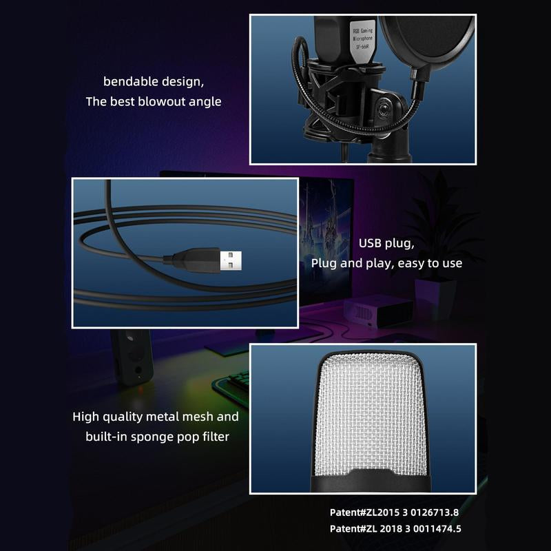 Condenser Professional Microphone Mic for PC Laptop Computer Gaming USB Wired Streaming Podcast Studio Mike Kit Gamer Accessory