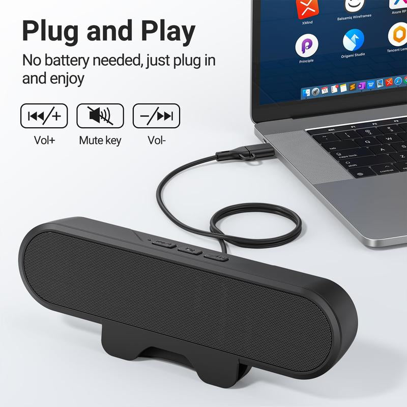 Compact Computer Monitor Speaker: Single Stereo Sound, Loud Audio, Easy Volume Button, Clamp-On Design for Monitors/Laptops (USB-C Plug Adapter Included) - Black