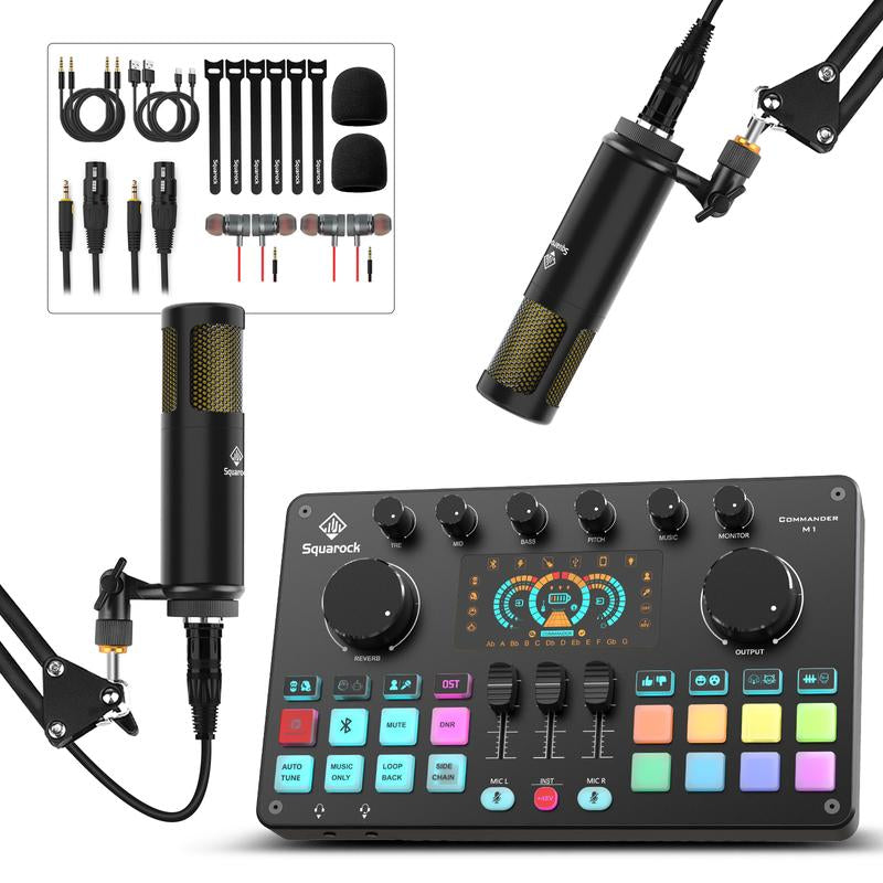 Squarock Podcast Equipment Bundle for 2, Audio Interface DJ Mixer with Studio Podcast Microphones Portable Battery-Powered for Podcast, Live Streaming, Recording, Music Creation COMMANDER M1