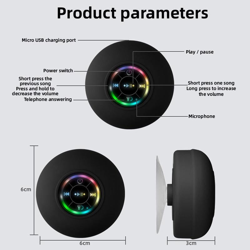 Portable Mini Bluetooth Shower Speakers, Wireless Speaker with Suction Cup, Lp67 Waterproof Speaker with LED Light, Pairs Easily to Phones, Tablets, Computer,For Parties, Bathroom, Travel, Home and Outdoors,Christmas New Year Gifts