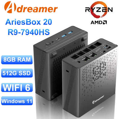 Mini PC Ariesbox AMD Ryzen R9 7940HS 8GB RAM DDR4 Desktop Computer Wifi Bluetooth Win11 OS for Business Office