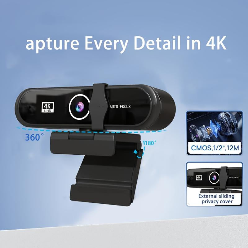 4K/2K UHD Webcam with Microphone, Noise Cancellation, Privacy Cover, Triangular Support, Wide-Angle Lens, Auto Light Correction, Webcam for Pc,Plug & Play USB Webcam for Laptop, Desktop, PC, Mac, Zoom, Skype, Streaming Black, Usb Online Webcam