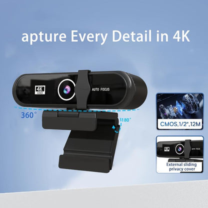 4K/2K UHD Webcam with Microphone, Noise Cancellation, Privacy Cover, Triangular Support, Wide-Angle Lens, Auto Light Correction, Webcam for Pc,Plug & Play USB Webcam for Laptop, Desktop, PC, Mac, Zoom, Skype, Streaming Black, Usb Online Webcam