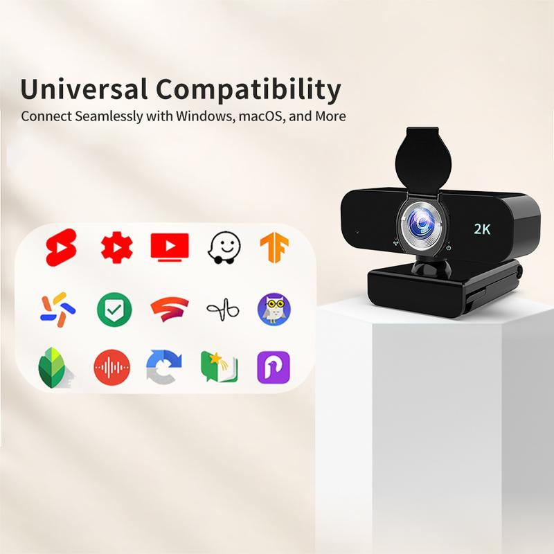 HD 2K Webcam for Computer/Laptop/Desktop/Pc, External Camera Web Cam with Microphone, USB Plug&Play, Auto Low Light Correction, Privacy Cover, Tripod, Wide Angle for Meeting/Online Video/Zoom