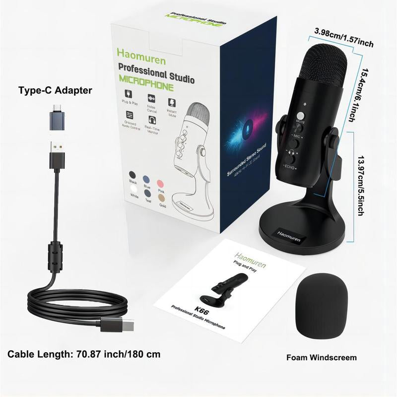HAOMUREN USB Powered Microphone with Type-C Adapter & USB Cable, Condenser Microphone with Noise Cancelling & Echo Function, Microphone for Live Streaming
