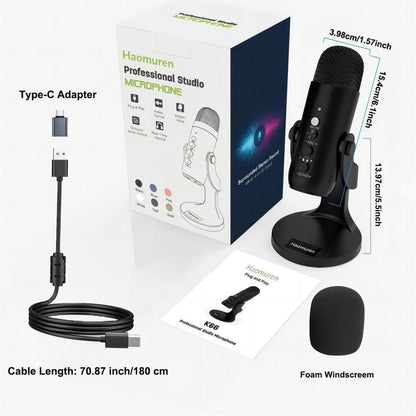 HAOMUREN USB Powered Microphone with Type-C Adapter & USB Cable, Condenser Microphone with Noise Cancelling & Echo Function, Microphone for Live Streaming