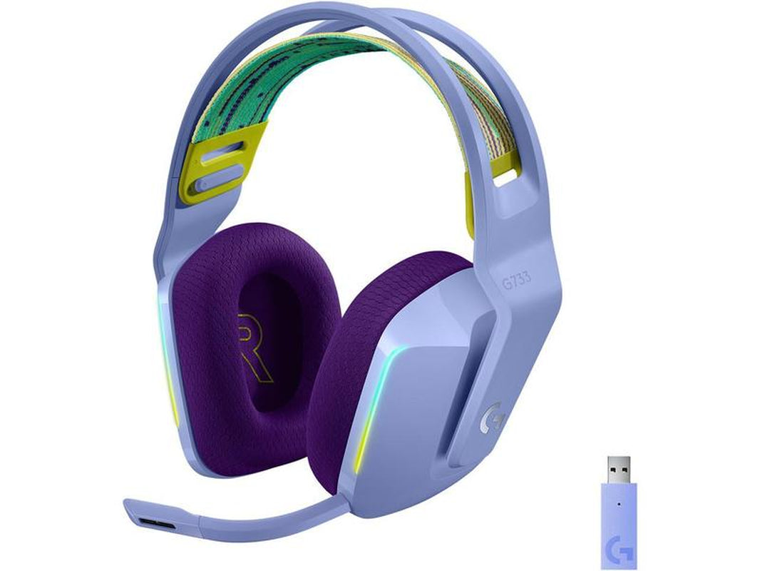 Logitech G733 LIGHTSPEED Wireless Gaming Headset with Suspension Headband, LIGHTSYNC RGB, Blue VO!CE Mic Technology and PRO-G Audio Drivers - Lilac