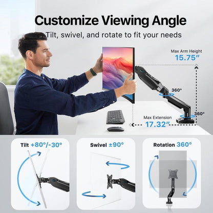 HUANUO Single Monitor Arm - Adjustable Gas Spring Monitor Mount for Gaming and Home Office Setups, Monitor Stand Hold up to 32" with 19.8 Lbs Max Weight and C-Clamp or Grommet Hole Mounting