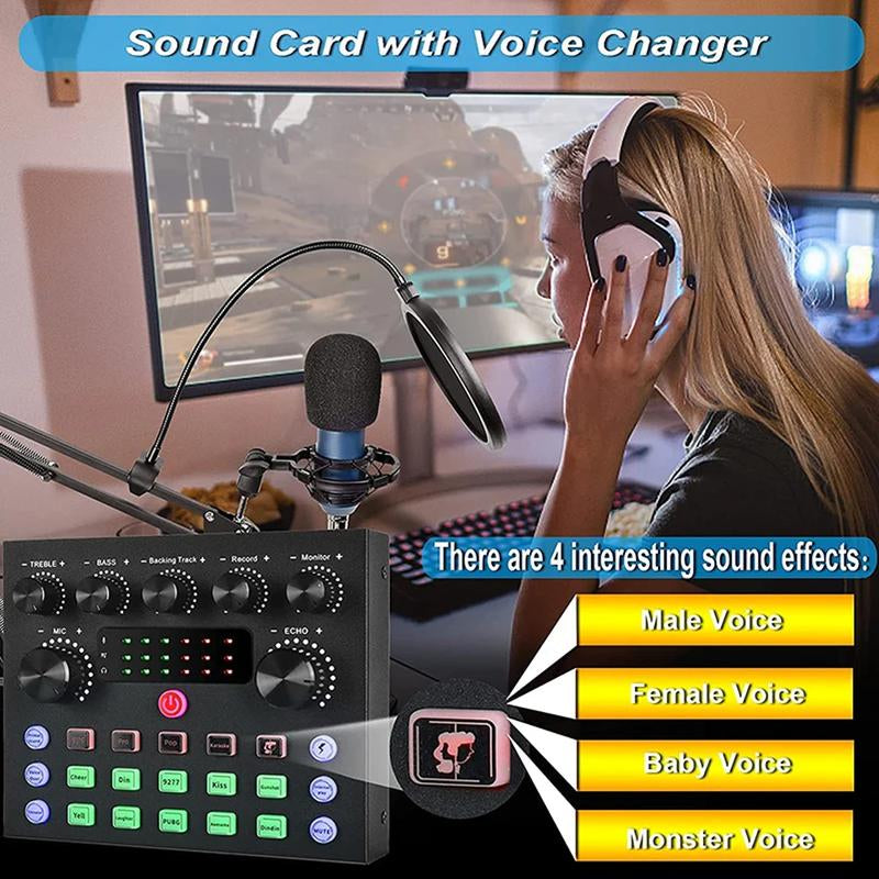 V8S Live Broadcast Device, Live Sound Card,Audio Mixer Wireless Bluetooth Blog Live Audio Equipment, Microphone Set Music Sound Control with Voice Changer, Reverberation Live Broadcast Equipment, Youtube Tiktok Twitch Gaming Recording