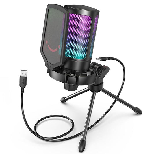 FIFINE A6V USB Gaming Microphone for PC PS5, Condenser Mic with Quick Mute, Gain Control, RGB Indicator, Tripod Stand, Pop Filter, Shock Mount, for Streaming Discord Twitch Podcasts Videos