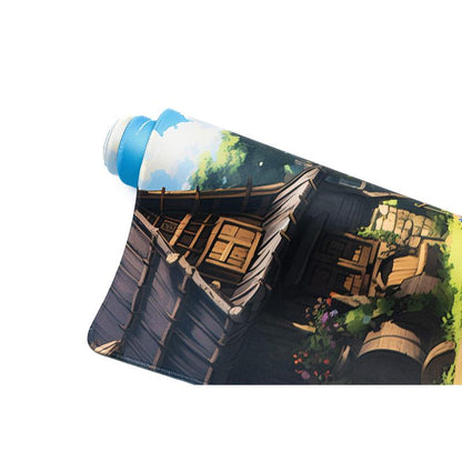 MOUNTAIN VILLAGE - GHIBLI STYLE DESKMAT - - Aesthetic Nature Mousepad for Pc Gaming and Desk Setup - Home Office Accessories - Green and Blue Nautrals