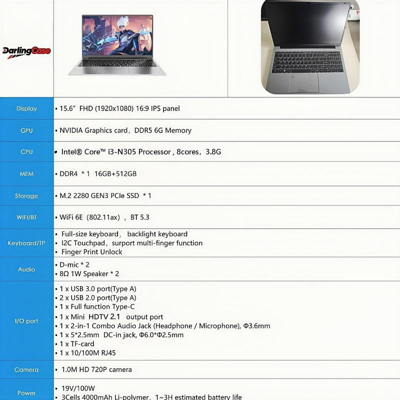 Darlingcase 6GB GPU Gaming Laptop: Gaming Laptop for School , FHD Ips,Geforce 6GB, 16GB RAM,512GB SSD, Wi-Fi 6,RGB KB,HD Webcam-3A Gaming & Student Machine，Desk Gadgets，Laptops