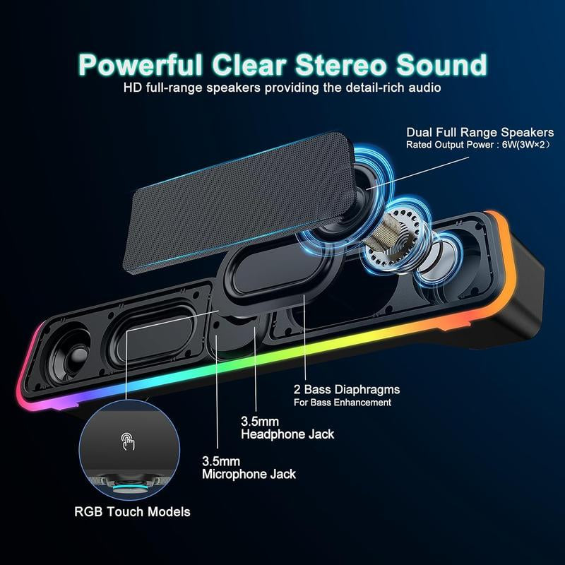 Computer Speakers - Wired USB Computer Sound Bar with RGB & Volume Knob, Hifi Stereo Portable Gaming Sound Bar Speaker for Desktop , PC, Laptop, Tablets, Air/Pro