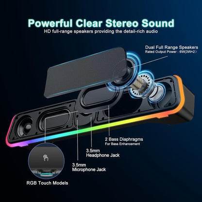Computer Speakers - Wired USB Computer Sound Bar with RGB & Volume Knob, Hifi Stereo Portable Gaming Sound Bar Speaker for Desktop , PC, Laptop, Tablets, Air/Pro