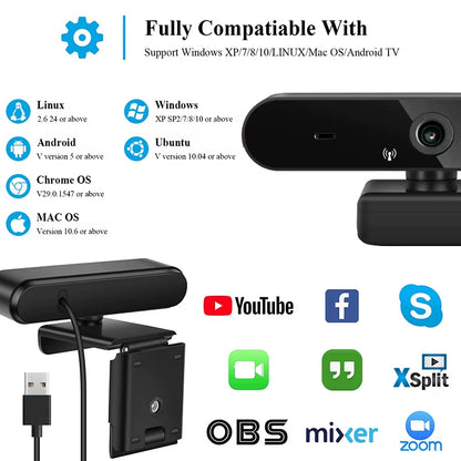 Webcams 4K PC Fixed Focus USB Web Cam with Microphone Computer Laptop Full HD 1080P Mini Camera for Live Streaming Conference