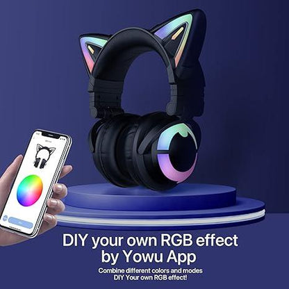 YOWU RGB 3G Cat Ear Headphones :Wireless 5.0 Foldable Gaming Headset with 7.1 Surround Sound, Built-In Mic & Customizable Lighting and Effect via APP, Type-C Charging Audio Cable