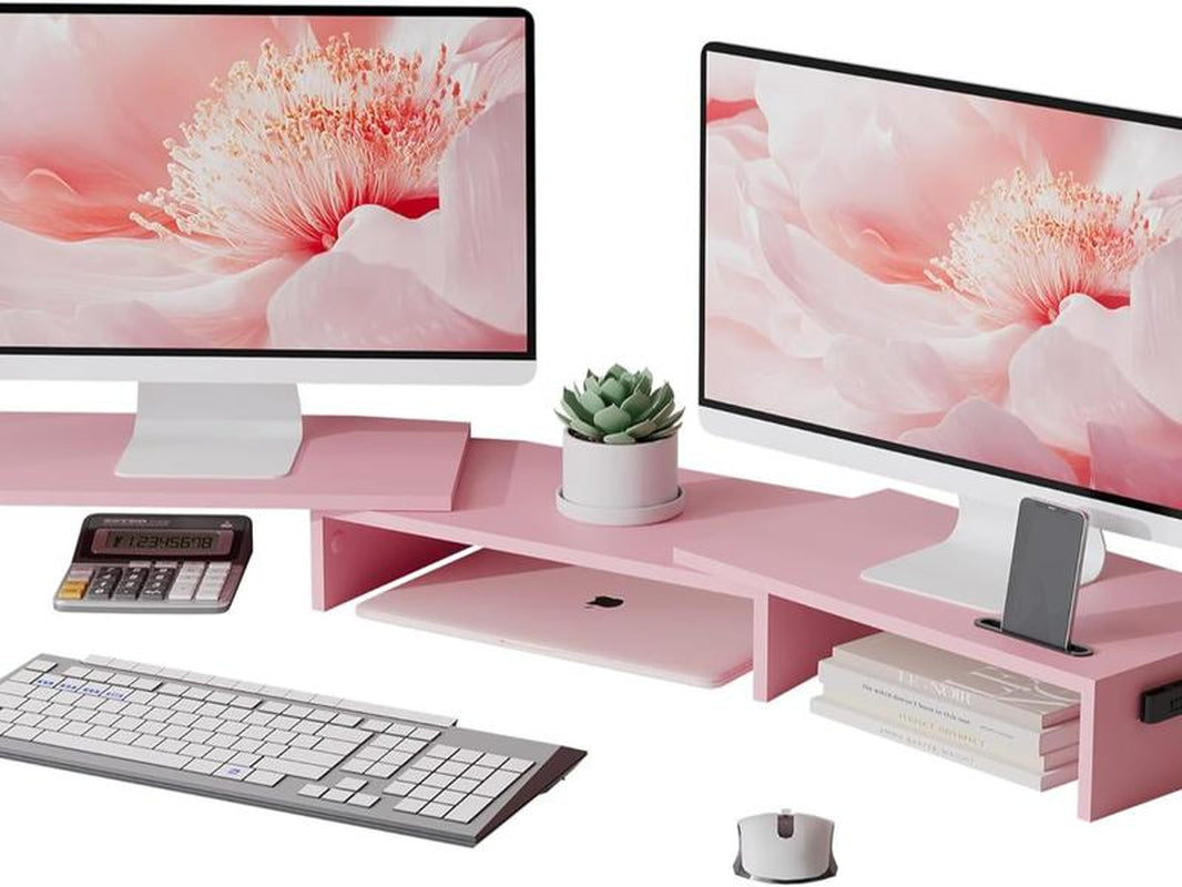 Wooden Dual Monitor Stand Riser with Smartphone Holder, Adjustable Length & Swivel Angle