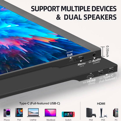 Portable Gaming Monitor 15.6" USB-C HDMI Computer Display W/Smart Cover and Dual Speakers, Travel Monitors for Laptop Mac PC Phone PS4/5 Xbox Switch