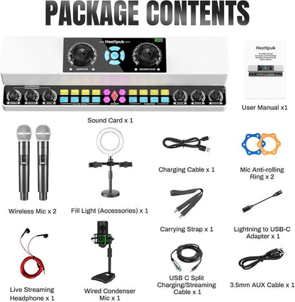 Heetipuk Y6 Live Streaming Sound Card Mixer Karaoke Machine Easy to Set up with Dual Speakers, One Step Sound Correction, 5200Mah Battery Pefect for Indoor or OUTDOOR Live Streaming, Podcast, Family Party. Home Amplifier Studio Equipment