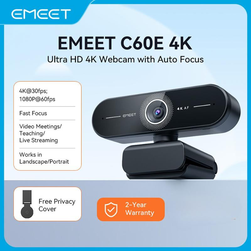 EMEET C60E 4K Webcam Streaming Camera for PC Laptop Gaming Accessories for Switch 2 Camera 1080P@60Fps Fast Autofocus Wireless Fill Light Plug & Play with Privacy Cover Game Changer Webcam 4K for Streaming Living, Fallfreshness