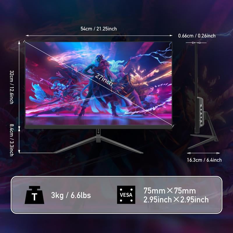 27'' 2K QHD Gaming Monitor - 2560P, 165Hz Refresh, 1Ms Response, Adaptivesync, Dual HDMI & DP, Ultra-Thin Narrow Bezel, Tilt Adjustable Design