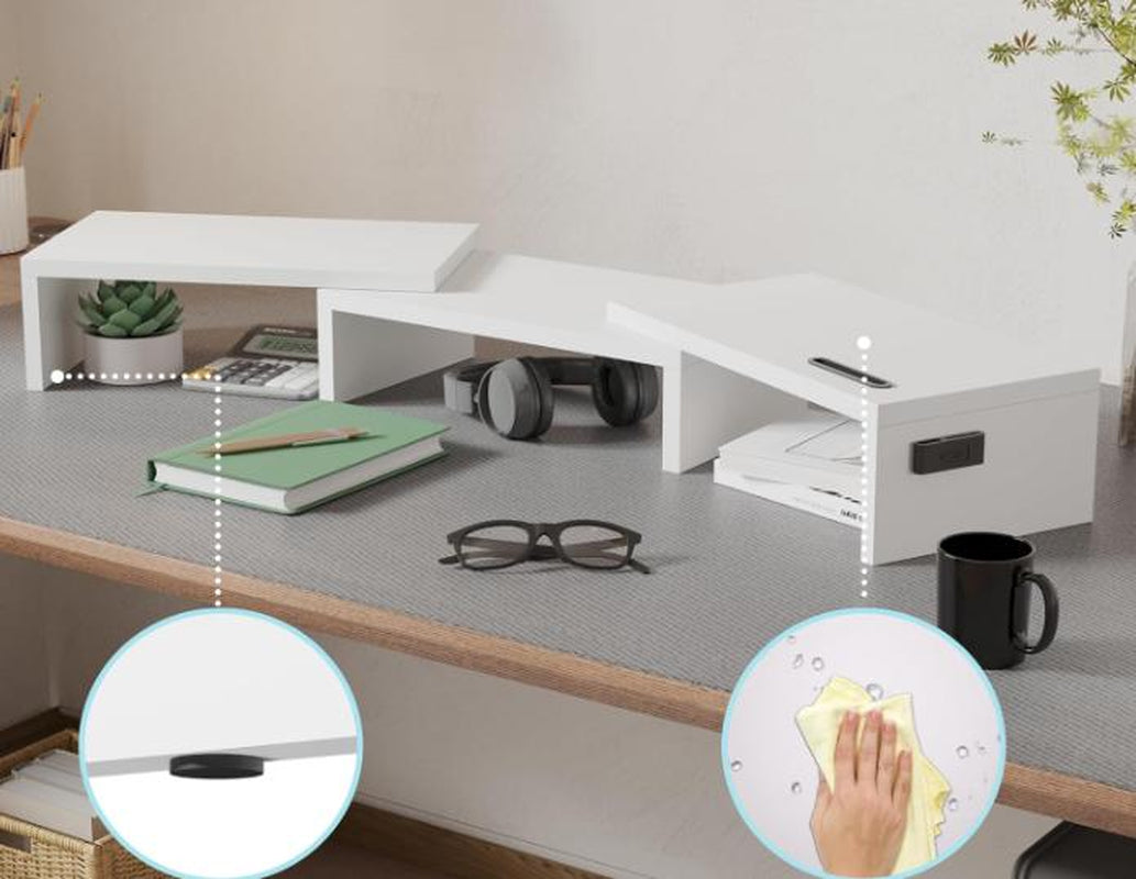 Wooden Dual Monitor Stand Riser with Smartphone Holder, Adjustable Length & Swivel Angle