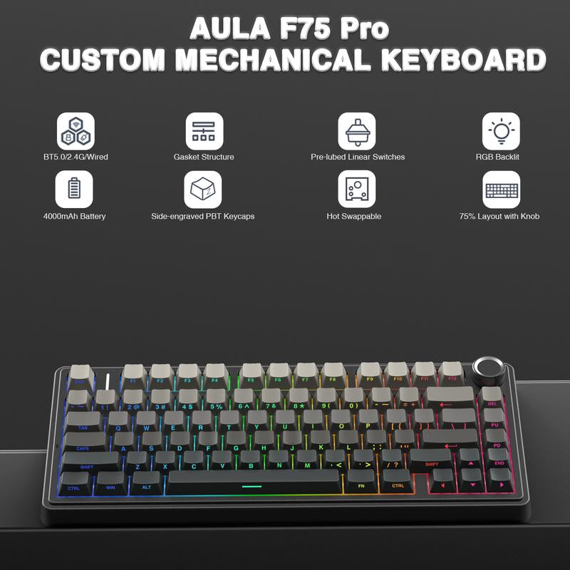 OFFICIAL AULA F75 Pro Mechanical Keyboard RGB Backlit 2.4G Wireless Bluetooth Gaming Keyboard for Gamers Gaming PC Accessories Gasket Custom Creamy Keyboard Gaming Accessories Fallfreshness Tiktokshopfalldealsforyou