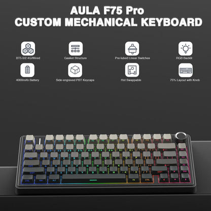OFFICIAL AULA F75 Pro Mechanical Keyboard RGB Backlit 2.4G Wireless Bluetooth Gaming Keyboard for Gamers Gaming PC Accessories Gasket Custom Creamy Keyboard Gaming Accessories Fallfreshness Tiktokshopfalldealsforyou