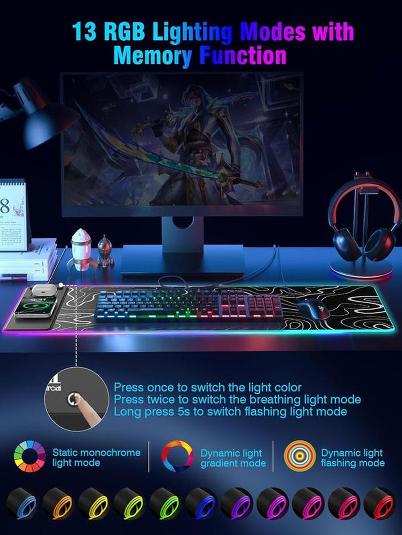 XXL Gaming Mouse Pad with Magnetic Wireless Charging, Large Desk Pad Protector, RGB Black Mousepad Desk Mat with 15W Fast Charger, 4Mm Thick Non-Slip, Waterproof Laptop Writing Pad for Office, Home, Gaming Mouse Pad Desktop Accessory