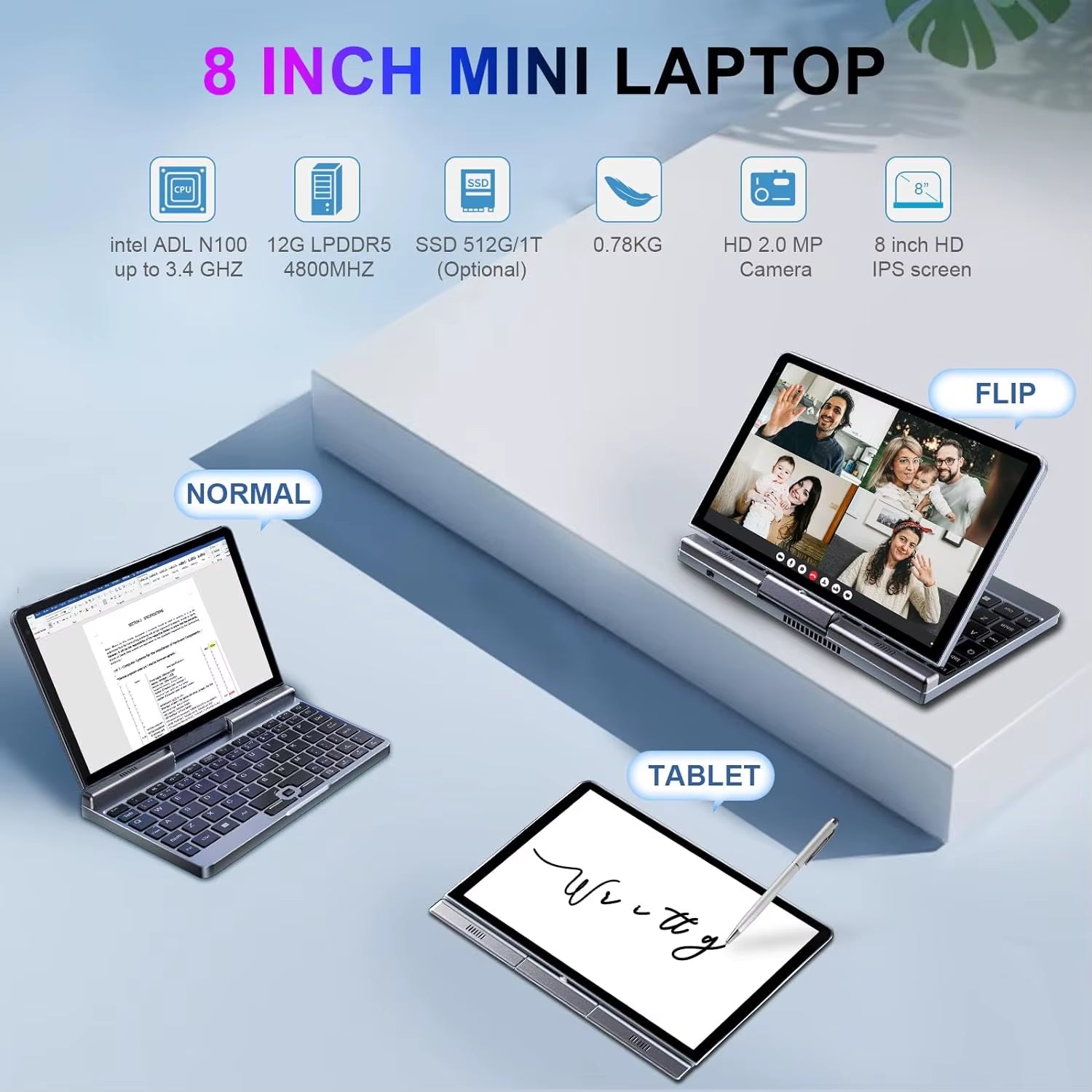 Portable Mini Laptop Windows 11 8 Inch Touch Screen Notebook N150 12GB+1TB IPS Netbook Win 11 Pro Mini PC Micro Computer