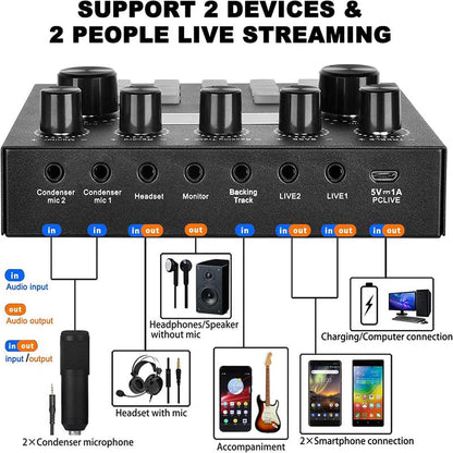 V8S Live Broadcast Device, Live Sound Card,Audio Mixer Wireless Bluetooth Blog Live Audio Equipment, Microphone Set Music Sound Control with Voice Changer, Reverberation Live Broadcast Equipment, Youtube Tiktok Twitch Gaming Recording