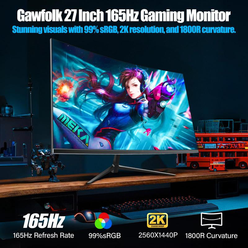 Rehisk 27'' 2K QHD Gaming Monitor - 2560P, 165Hz Refresh Rate, 1Ms Response Time, Adaptivesync, Dual HDMI & DP1.2, Ultra-Slim Bezel,