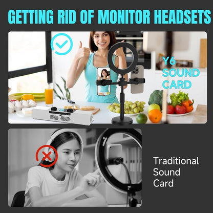 Heetipuk Y6 Live Streaming Sound Card Mixer Karaoke Machine Easy to Set up with Dual Speakers, One Step Sound Correction, 5200Mah Battery Pefect for Indoor or OUTDOOR Live Streaming, Podcast, Family Party. Home Amplifier Studio Equipment