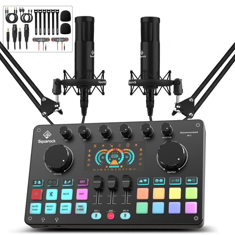 Squarock Podcast Equipment Bundle for 2, Audio Interface DJ Mixer with Studio Podcast Microphones Portable Battery-Powered for Podcast, Live Streaming, Recording, Music Creation COMMANDER M1