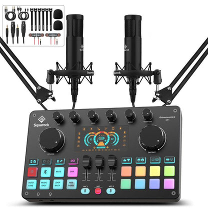 Squarock Podcast Equipment Bundle for 2, Audio Interface DJ Mixer with Studio Podcast Microphones Portable Battery-Powered for Podcast, Live Streaming, Recording, Music Creation COMMANDER M1