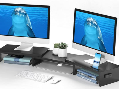 Wooden Dual Monitor Stand Riser with Smartphone Holder, Adjustable Length & Swivel Angle
