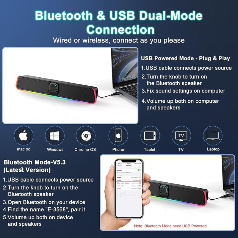 Computer Speakers - Wired USB Computer Sound Bar with RGB & Volume Knob, Hifi Stereo Portable Gaming Sound Bar Speaker for Desktop , PC, Laptop, Tablets, Air/Pro