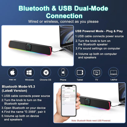 Computer Speakers - Wired USB Computer Sound Bar with RGB & Volume Knob, Hifi Stereo Portable Gaming Sound Bar Speaker for Desktop , PC, Laptop, Tablets, Air/Pro