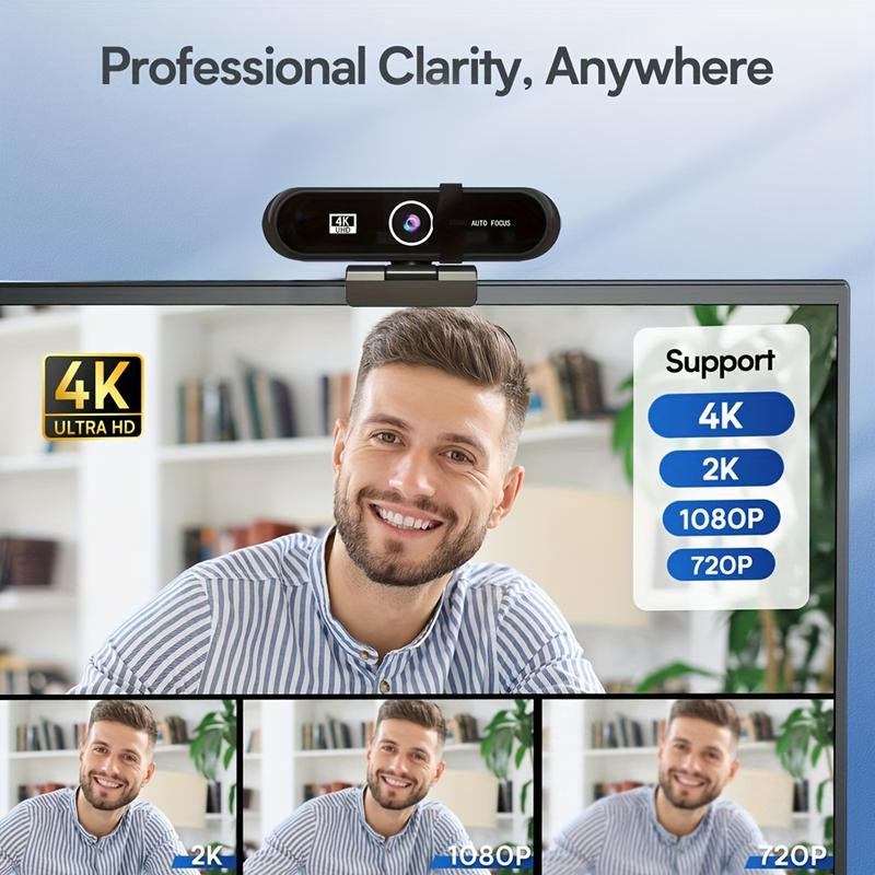 4K/2K UHD Webcam with Microphone, Noise Cancellation, Privacy Cover, Triangular Support, Wide-Angle Lens, Auto Light Correction, Webcam for Pc,Plug & Play USB Webcam for Laptop, Desktop, PC, Mac, Zoom, Skype, Streaming Black, Usb Online Webcam