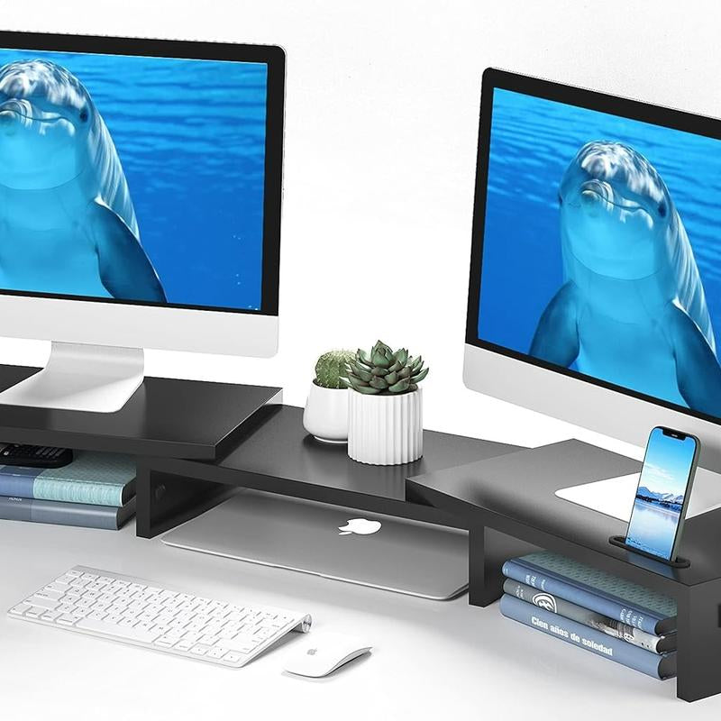 Wooden Dual Monitor Stand Riser with Smartphone Holder, Adjustable Length & Swivel Angle