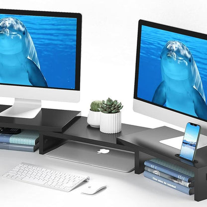 Wooden Dual Monitor Stand Riser with Smartphone Holder, Adjustable Length & Swivel Angle