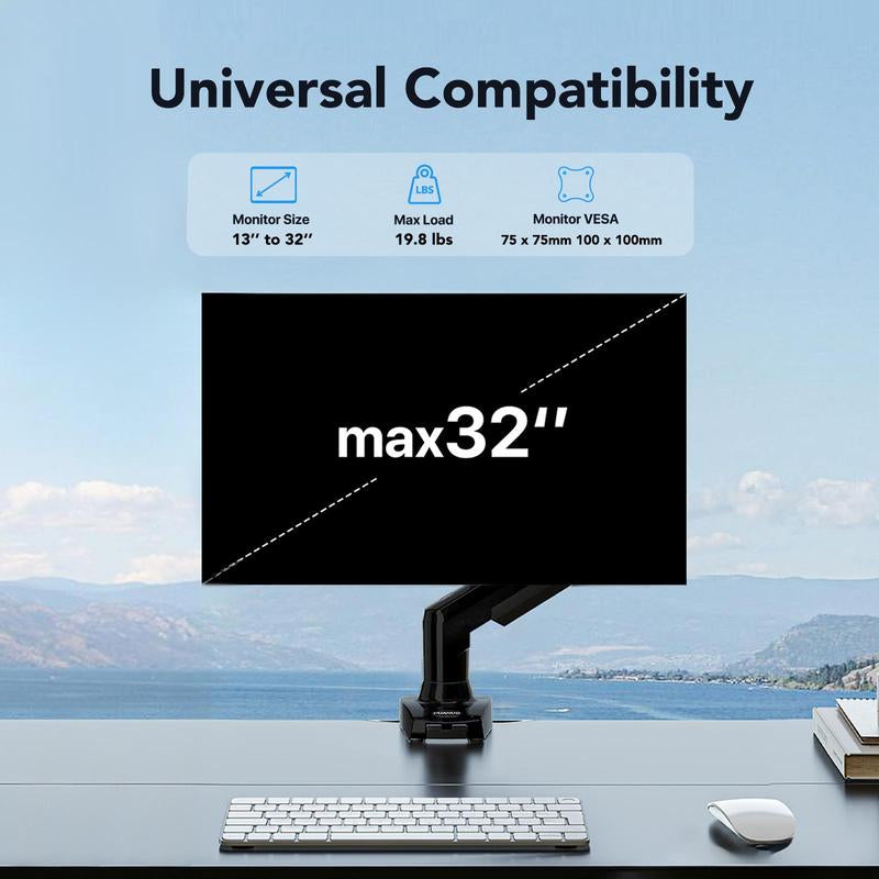 HUANUO Single Monitor Arm - Adjustable Gas Spring Monitor Mount for Gaming and Home Office Setups, Monitor Stand Hold up to 32" with 19.8 Lbs Max Weight and C-Clamp or Grommet Hole Mounting