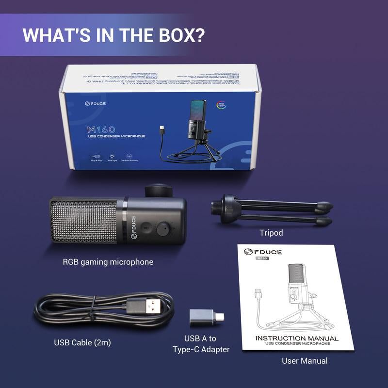 FDUCE Gaming USB Microphone for PC,RGB Condenser Computer Mic with Tripod Stand,Quick Mute,Gain Control,Cardioid Mic for Streaming, Podcast, Twitch, Youtube, PC, Computer, PS5, (M160) Microphones Adapter Audio Cable Fi Fine Usb Microphone Microphone