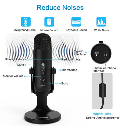 HAOMUREN USB Powered Microphone with Type-C Adapter & USB Cable, Condenser Microphone with Noise Cancelling & Echo Function, Microphone for Live Streaming