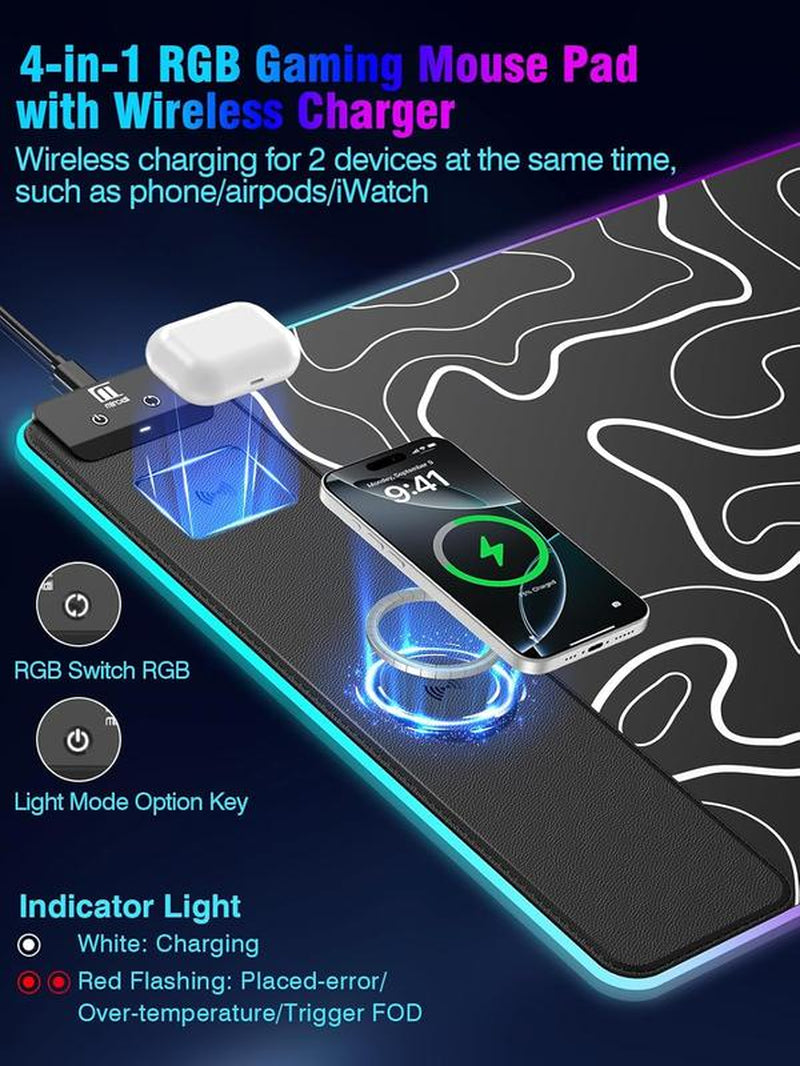 XXL Gaming Mouse Pad with Magnetic Wireless Charging, Large Desk Pad Protector, RGB Black Mousepad Desk Mat with 15W Fast Charger, 4Mm Thick Non-Slip, Waterproof Laptop Writing Pad for Office, Home, Gaming Mouse Pad Desktop Accessory
