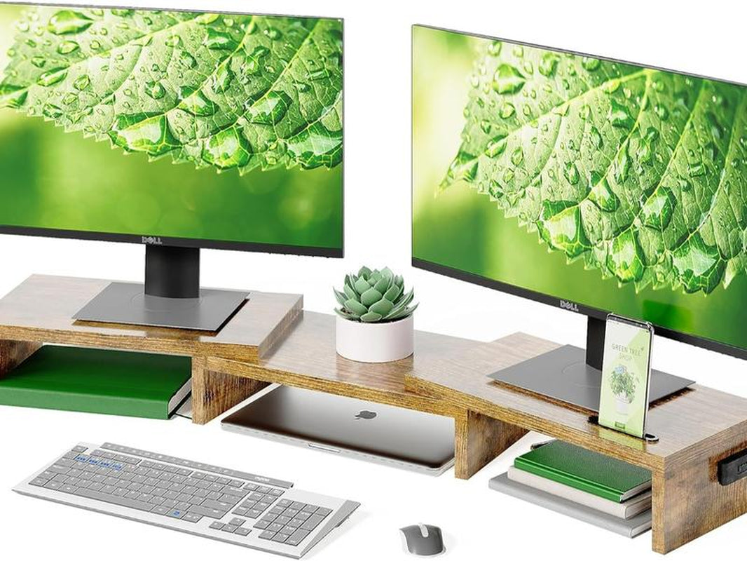 Wooden Dual Monitor Stand Riser with Smartphone Holder, Adjustable Length & Swivel Angle