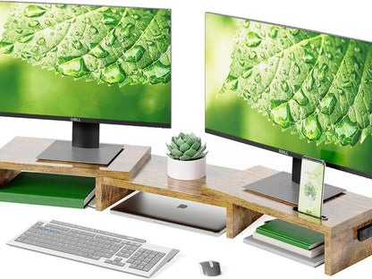 Wooden Dual Monitor Stand Riser with Smartphone Holder, Adjustable Length & Swivel Angle