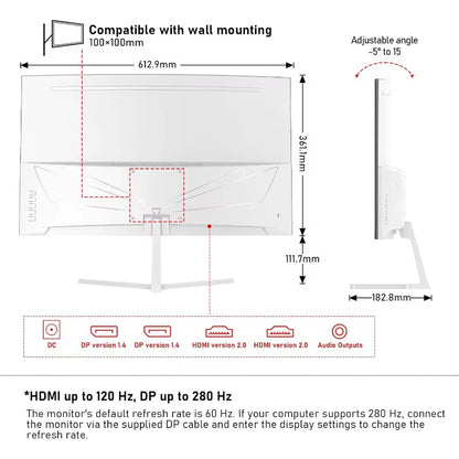 27 Inch PC Computer Screen,1800R Curved Gaming 280Hz Monitors, FHD 1080P 1Ms, Freesync, 98% Srgb,178 ° Angle View Hdmi2.0、Displa